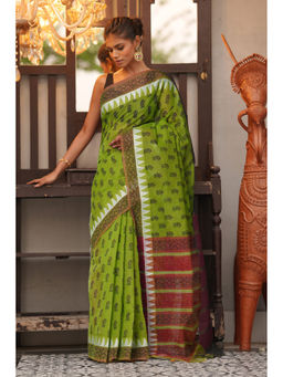 Unnati Silks - Green Pure Hand Block Printed Mangalgiri Cotton Saree with Unstitched Blouse