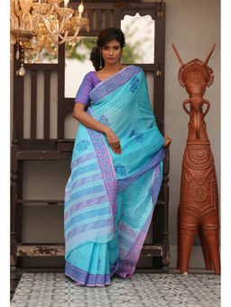 Unnati Silks - Blue Checks Hand Block Printed Mangalgiri Cotton Saree with Unstitched Blouse