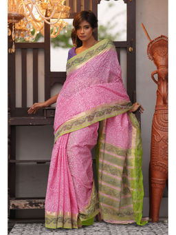 Unnati Silks - Pink Floral Pure Hand Block Printed Mangalgiri Cotton Saree with Unstitched Blouse