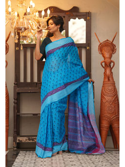 Unnati Silks - Blue Floral Pure Hand Block Printed Mangalgiri Cotton Saree with Unstitched Blouse