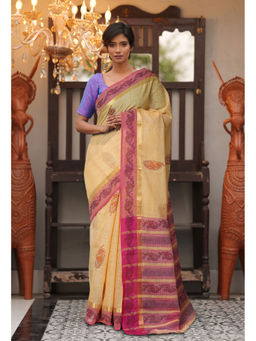 Unnati Silks - Cream Floral Pure Hand Block Printed Mangalgiri Cotton Saree with Unstitched Blouse