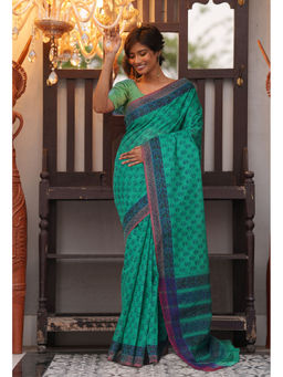 Unnati Silks - Green Pure Hand Block Printed Mangalgiri Cotton Saree with Unstitched Blouse