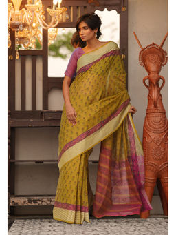 Unnati Silks - Mustard Floral Pure Hand Block Printed Mangalgiri Cotton Saree with Unstitched Blouse