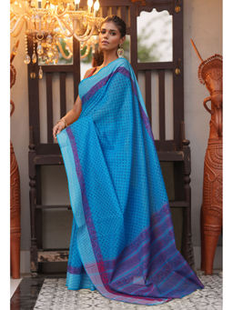 Unnati Silks - Blue Floral Pure Hand Block Printed Mangalgiri Cotton Saree with Unstitched Blouse