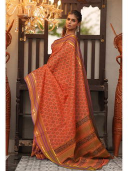 Unnati Silks - Orange Floral Pure Hand Block Printed Mangalgiri Cotton Saree with Unstitched Blouse
