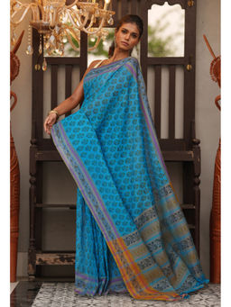 Unnati Silks - Blue Floral Pure Hand Block Printed Mangalgiri Cotton Saree with Unstitched Blouse