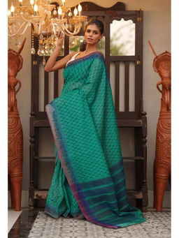 Unnati Silks - Green Floral Pure Hand Block Printed Mangalgiri Cotton Saree with Unstitched Blouse