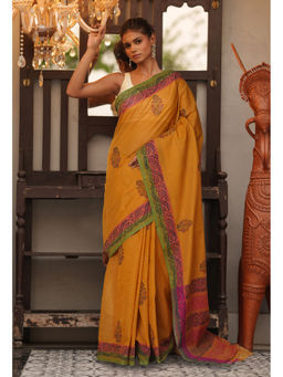 Unnati Silks - Yellow Floral Pure Hand Block Printed Mangalgiri Cotton Saree with Unstitched Blouse