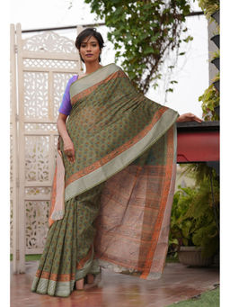 Unnati Silks - Olive Floral Pure Hand Block Printed Mangalgiri Cotton Saree with Unstitched Blouse