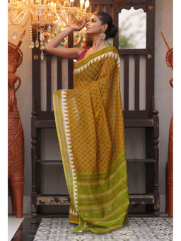Unnati Silks - Mustard Floral Pure Hand Block Printed Mangalgiri Cotton Saree with Unstitched Blouse