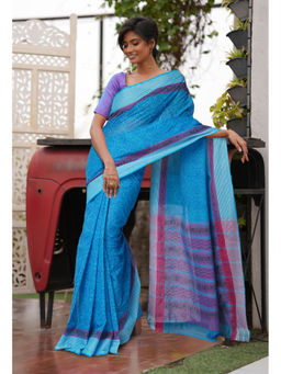 Unnati Silks - Blue Pure Hand Block Printed Mangalgiri Cotton Saree with Unstitched Blouse