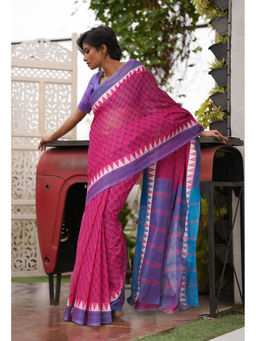 Unnati Silks - Pink Floral Pure Hand Block Printed Mangalgiri Cotton Saree with Unstitched Blouse