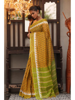 Unnati Silks - Yellow Floral Pure Hand Block Printed Mangalgiri Cotton Saree with Unstitched Blouse