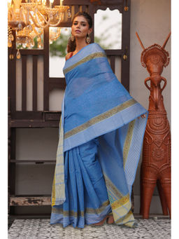 Unnati Silks - Sky Blue Pure Hand Block Printed Mangalgiri Cotton Saree with Unstitched Blouse