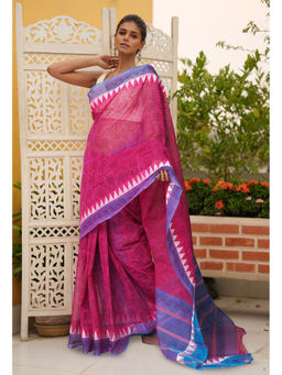 Unnati Silks - Pink Floral Pure Hand Block Printed Mangalgiri Cotton Saree with Unstitched Blouse