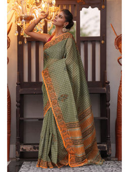 Unnati Silks - Green Checks Pure Hand Block Printed Mangalgiri Cotton Saree with Unstitched Blouse