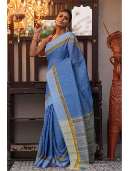 Unnati Silks - Blue Pure Hand Block Printed Mangalgiri Cotton Saree with Unstitched Blouse
