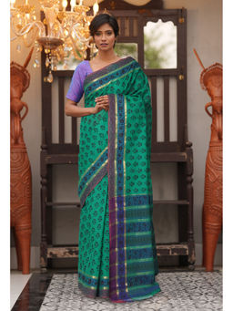 Unnati Silks - Green Floral Pure Hand Block Printed Mangalgiri Cotton Saree with Unstitched Blouse