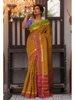 Unnati Silks - Yellow Floral Pure Hand Block Printed Mangalgiri Cotton Saree with Unstitched Blouse