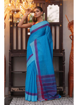 Unnati Silks - Blue Pure Hand Block Printed Mangalgiri Cotton Saree with Unstitched Blouse