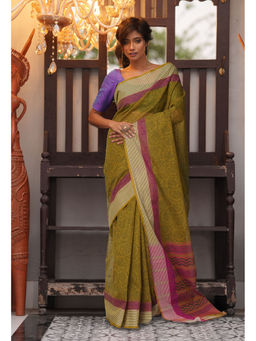 Unnati Silks - Olive Pure Hand Block Printed Mangalgiri Cotton Saree with Unstitched Blouse