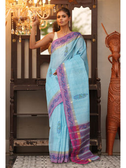 Unnati Silks - Sky Blue Floral Pure Hand Block Printed Mangalgiri Cotton Saree with Unstitched Blouse
