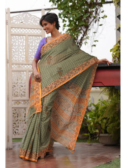 Unnati Silks - Olive Checks Pure Hand Block Printed Mangalgiri Cotton Saree with Unstitched Blouse