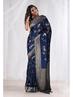Unnati Silks - Navy Blue Woven Pure Banarasi Soft Silk Saree with Unstitched Blouse