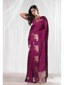 Unnati Silks - Wine Woven Pure Banarasi Soft Silk Saree with Unstitched Blouse