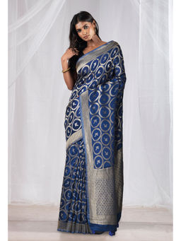Unnati Silks - Navy Blue Woven Pure Banarasi Soft Silk Saree with Unstitched Blouse