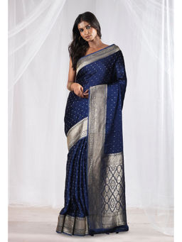 Unnati Silks - Navy Blue Woven Pure Banarasi Soft Silk Saree with Unstitched Blouse