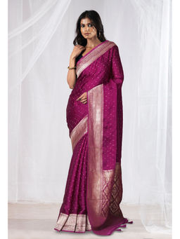 Unnati Silks - Wine Woven Pure Banarasi Soft Silk Saree with Unstitched Blouse