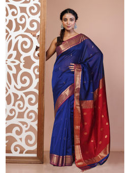 Unnati Silks - Navy Blue Handloom Maheshwari Sico Saree with Unstitched Blouse