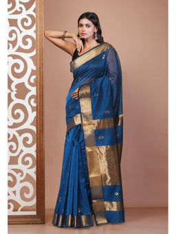 Unnati Silks - Navy Blue Pure Handloom Maheshwari Sico Saree with Unstitched Blouse