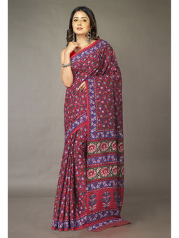 Unnati Silks - Red Floral Pure Hand Block Printed Soft Cotton Saree with Unstitched Blouse