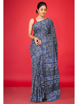 Unnati Silks - Grey Floral Pure Hand Block Printed Soft Cotton Saree with Unstitched Blouse