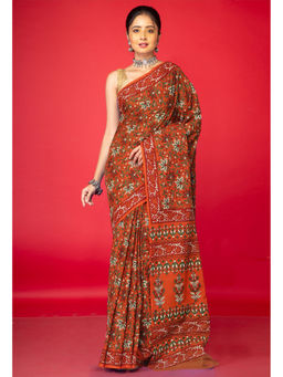 Unnati Silks - Orange Floral Pure Hand Block Printed Soft Cotton Saree with Unstitched Blouse
