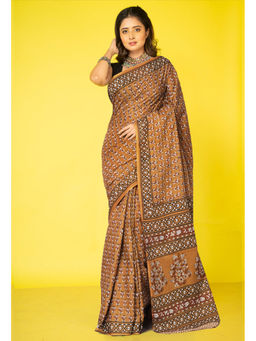 Unnati Silks - Brown Floral Pure Hand Block Printed Soft Cotton Saree with Unstitched Blouse