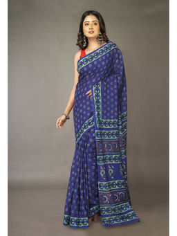 Unnati Silks - Blue Floral Pure Hand Block Printed Soft Cotton Saree with Unstitched Blouse