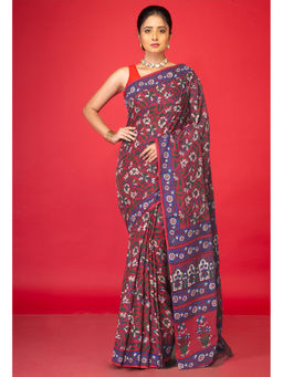 Unnati Silks - Red Floral Pure Hand Block Printed Soft Cotton Saree with Unstitched Blouse