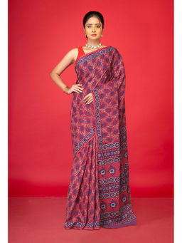 Unnati Silks - Pink Floral Pure Hand Block Printed Soft Cotton Saree with Unstitched Blouse