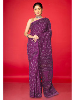 Unnati Silks - Purple Floral Hand Block Printed Soft Cotton Saree with Unstitched Blouse