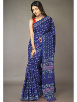 Unnati Silks - Navy Blue Floral Pure Hand Block Printed Soft Cotton Saree with Unstitched Blouse