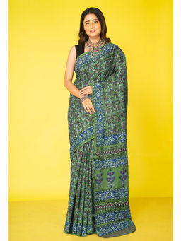 Unnati Silks - Green Floral Pure Hand Block Printed Soft Cotton Saree with Unstitched Blouse