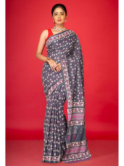 Unnati Silks - Grey Floral Pure Hand Block Printed Soft Cotton Saree with Unstitched Blouse
