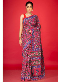 Unnati Silks - Pink Floral Pure Hand Block Printed Soft Cotton Saree with Unstitched Blouse