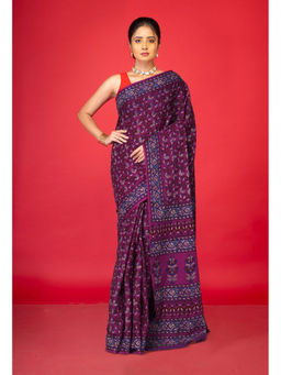 Unnati Silks - Purple Floral Pure Hand Block Printed Soft Cotton Saree with Unstitched Blouse