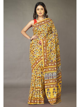 Unnati Silks - Yellow Floral Pure Hand Block Printed Soft Cotton Saree with Unstitched Blouse