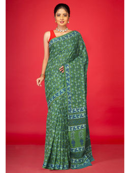 Unnati Silks - Green Floral Pure Hand Block Printed Soft Cotton Saree with Unstitched Blouse