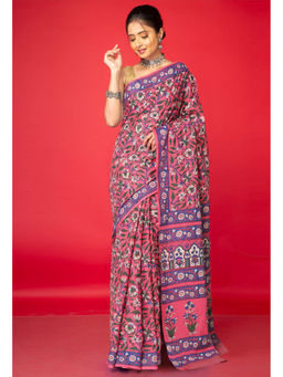 Unnati Silks - Pink Floral Pure Hand Block Printed Soft Cotton Saree with Unstitched Blouse